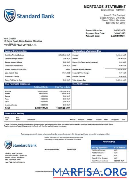 Printable Mauritius Standard Bank (Mauritius) Limited mortgage statement Word and PDF template